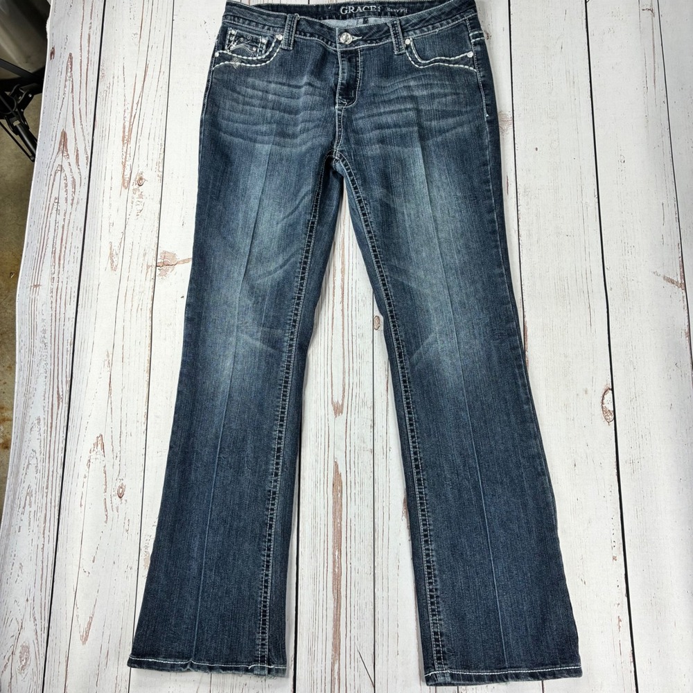Grace in LA Easy Fit Bootcut Jeans Dark Wash Embroidered Sequins Size 31